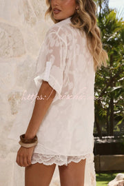Sheer Lace Loose Shirt & Elastic Waist Shorts Set