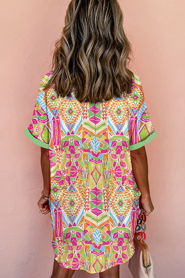 Printed Lapel Mini Dress – Loose Fit Short Sleeve
