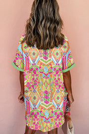 Printed Lapel Mini Dress – Loose Fit Short Sleeve