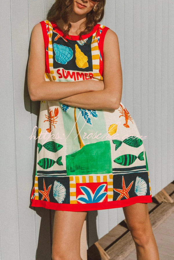 Printed Sleeveless Mini Dress with Pockets – Loose Fit