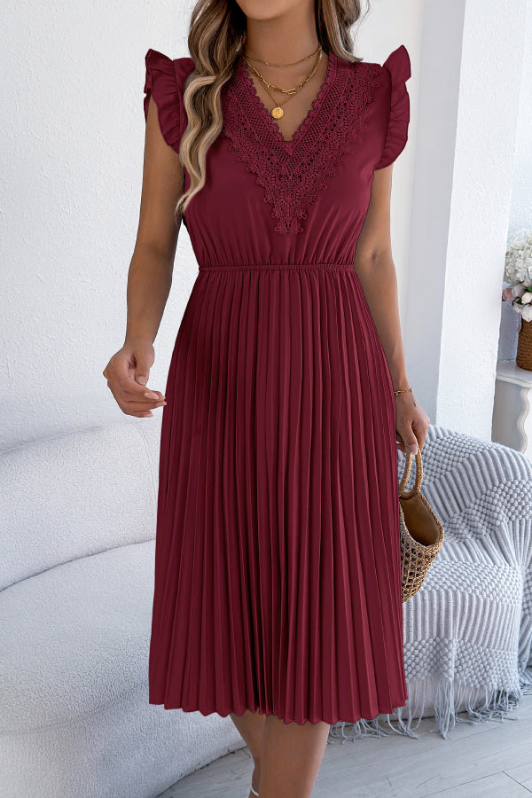 Robe midi plissée sans manches à col en V et bordure en dentelle