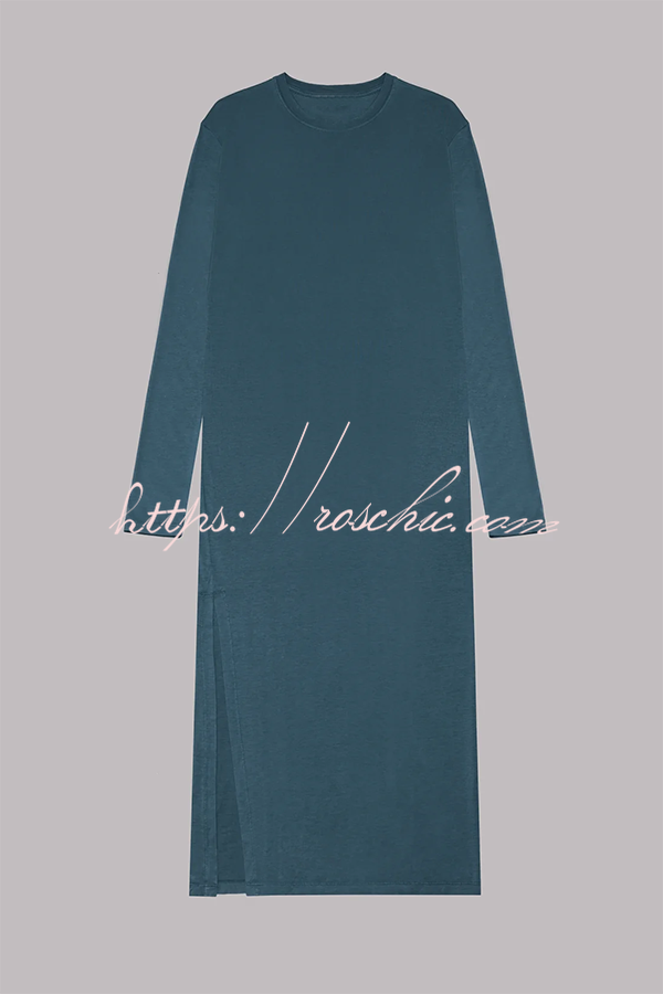 Cotton Blend Long Sleeve Midi Dress – Relaxed Fit