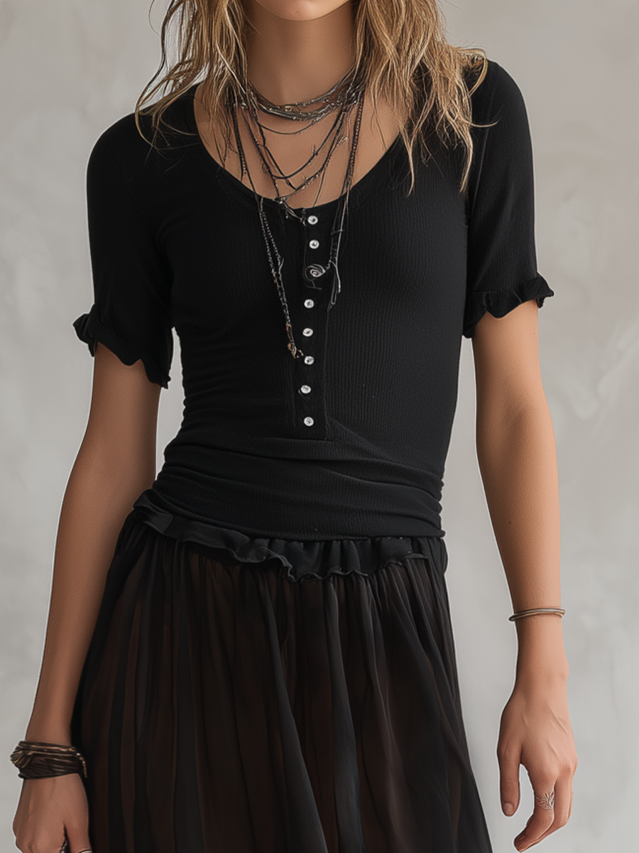 Sheer Panel Henley Maxi Dress | Minimalist Style