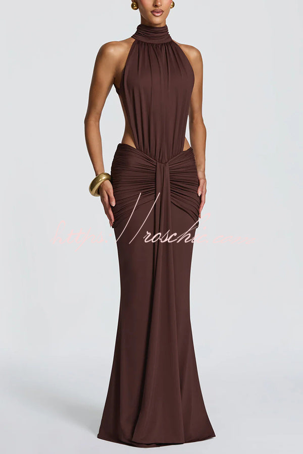 Stretch Slinky Jersey High Neck Ruched Backless Maxi Dress