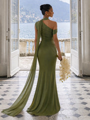 One Shoulder Formal Evening Gown with Built-In Bra, Ruched Mesh