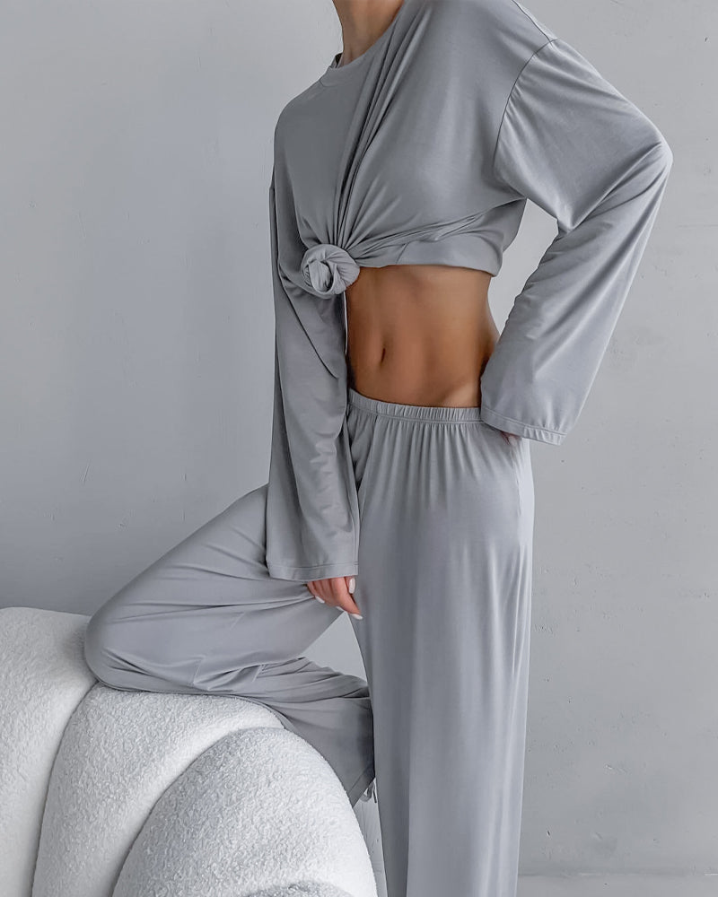 Duniii Modal Long Sleeve Top & Wide-Leg Pants Pajama Set