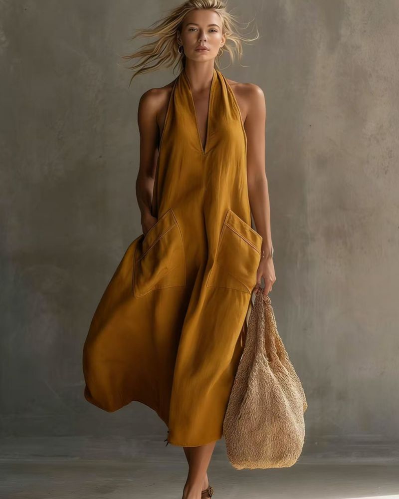 V-Neck Halter Midi Dress with Pockets