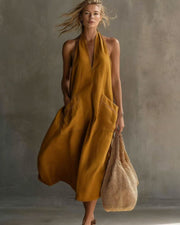 V-Neck Halter Midi Dress with Pockets