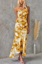 Floral Mesh One Shoulder Ruched Maxi Dress