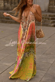 Robe longue ample bohème, col licou, sans manches, dos nu