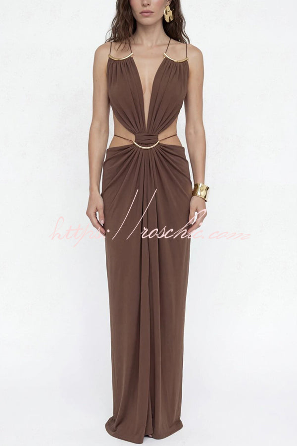 Metal-Link Cutout Back Lace-Up Drape Maxi Dress