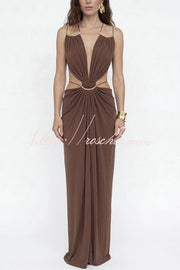 Metal-Link Cutout Back Lace-Up Drape Maxi Dress