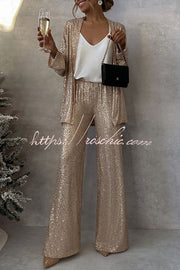 Sequin Wide Leg Pants High Rise Elastic Waist Party