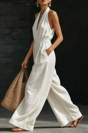 Sleeveless Wide-Leg Jumpsuit with V-Neck & Pockets