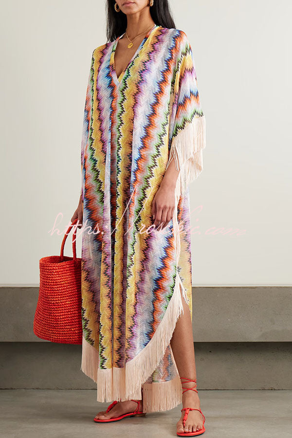 Robe longue caftan colorée à franges en zigzag – Taille unique