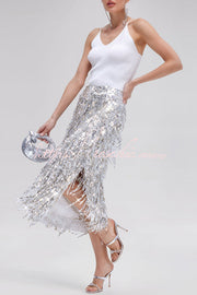 Sequin Midi Skirt with Layered Tassels and Back Slit