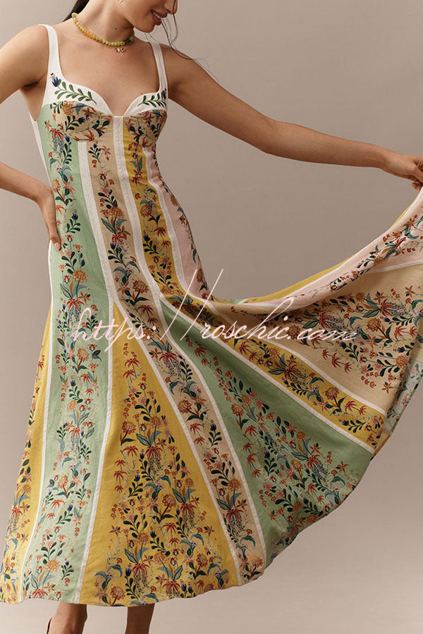 Linen Blend Color Block Floral Maxi Dress – Sweetheart Neck