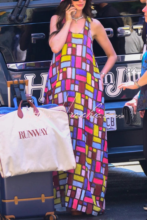 Color-block Plaid Print Sleeveless Maxi Dress – Loose Fit