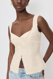 Lace-Trim V-Neck Sleeveless Vest | Linen Blend Slim Fit