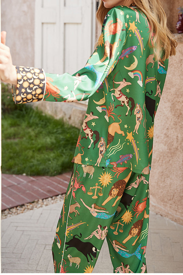 Green Constellation Print Loose Long Sleeve Two-Piece Set