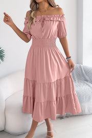 Off-Shoulder Pleated Midi Dress – Casual Vacation Style