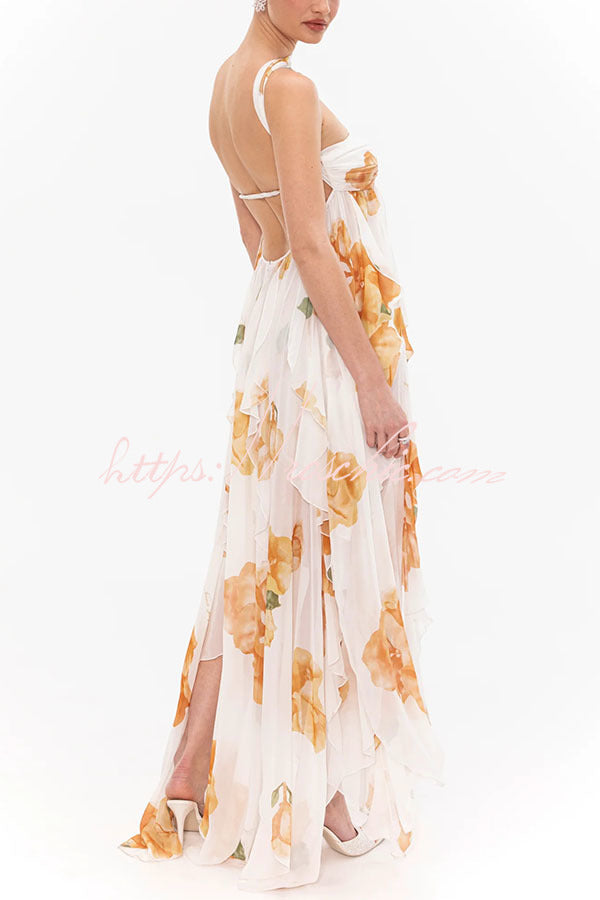 Floral Print Halter Neck Backless Maxi Dress with Slit
