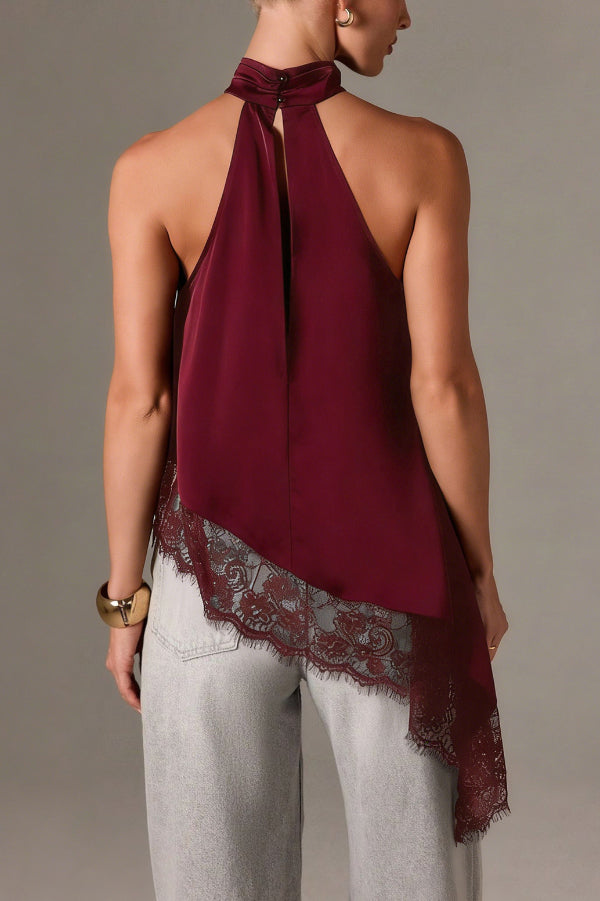 Satin Sleeveless Halter Top – Loose Fit Lace Hem