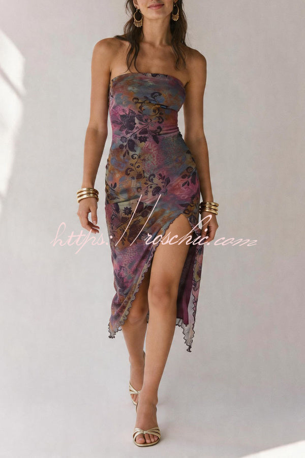 Mesh Tie-Dye Strapless Maxi Dress with Side Slit
