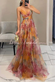 Floral Print Tulle Cutout Waist Lace-Up Maxi Dress