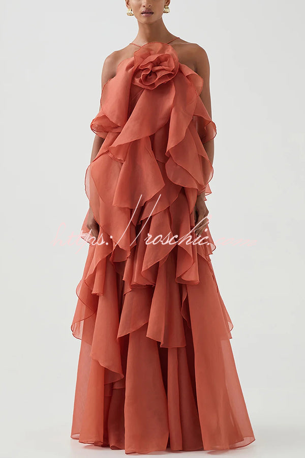 Rose Detail Tiered Ruffle Halter Maxi Dress