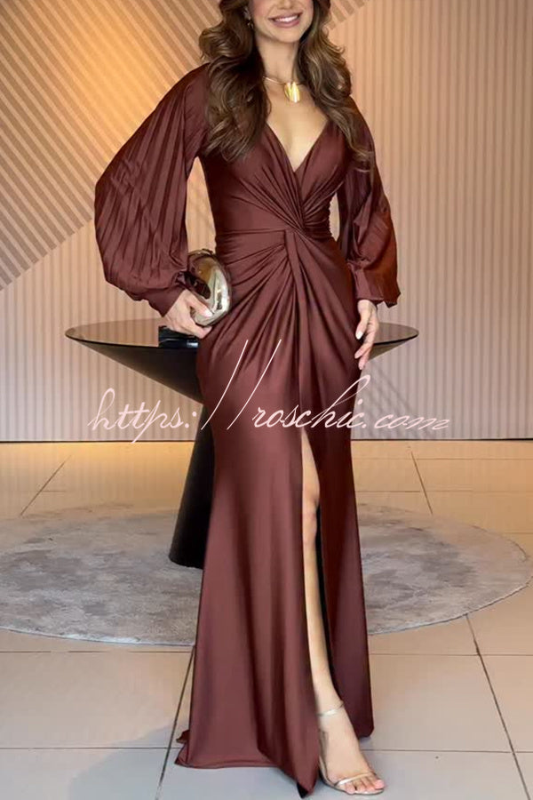 Satin Balloon Sleeve Twist Waist Maxi Dress with Slit