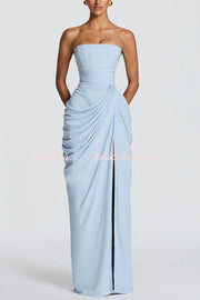 Chiffon Strapless Maxi Dress with Asymmetrical Pleats & Slit