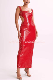 Sequin Backless Maxi Dress – Wide Strap Cutout Waist