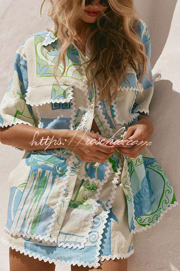 Linen Blend Ric Rac Trim Printed Shirt & Wrap Mini Skirt Set