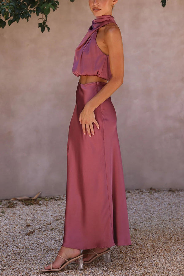 Satin High Neck Maxi Skirt Set – Sleeveless Drape Two-Piece