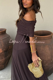 Mesh Ruched Strapless Flare Maxi Dress for Vacation & Party