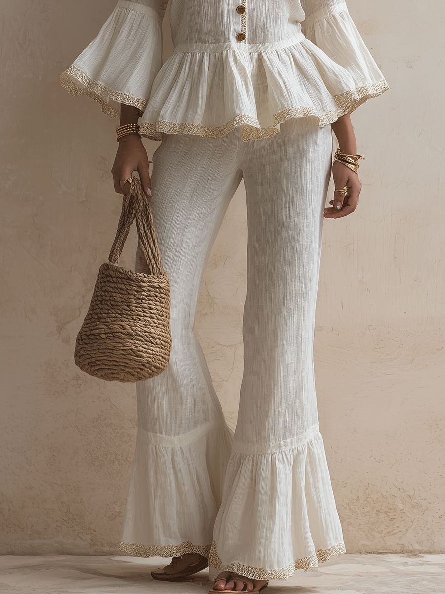 Ivory Cotton-Linen Ruffle Hem Bohemian Pant Set