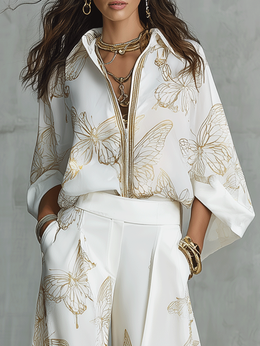 Butterfly Jacquard Blouse & Wide-Leg Pants Set | Boho Luxe