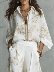 Butterfly Jacquard Blouse & Wide-Leg Pants Set | Boho Luxe