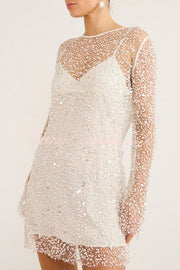 Sequin & Pearl Embellished Long Sleeve Mini Dress