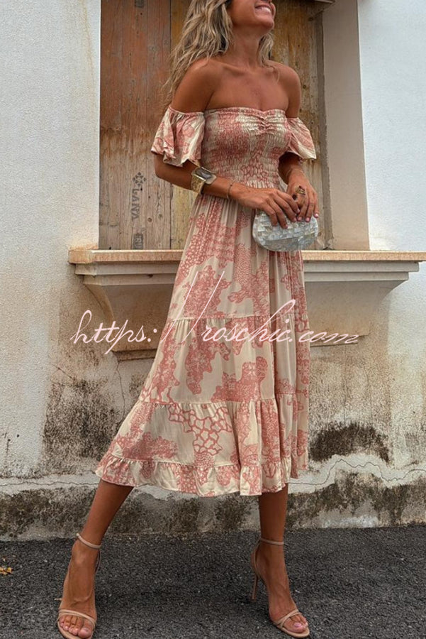 Printed Off-Shoulder Smocked Midi Dress with Ruffle Sleeves