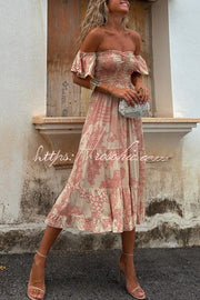Printed Off-Shoulder Smocked Midi Dress with Ruffle Sleeves