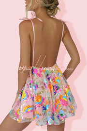 Sequin Floral V-Neck Open Back A-Line Mini Dress