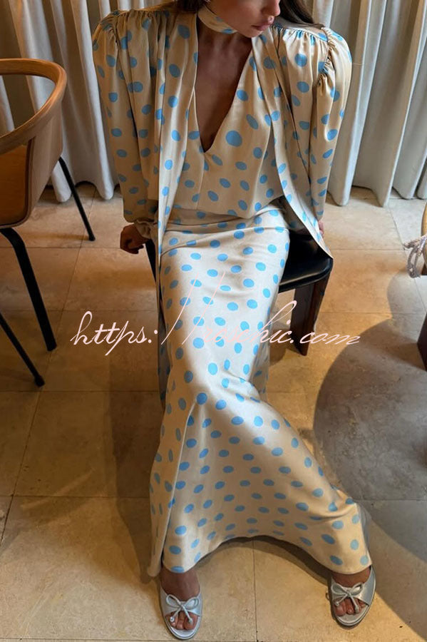 Satin Colorblock Polka Dot High Rise Flare Maxi Skirt