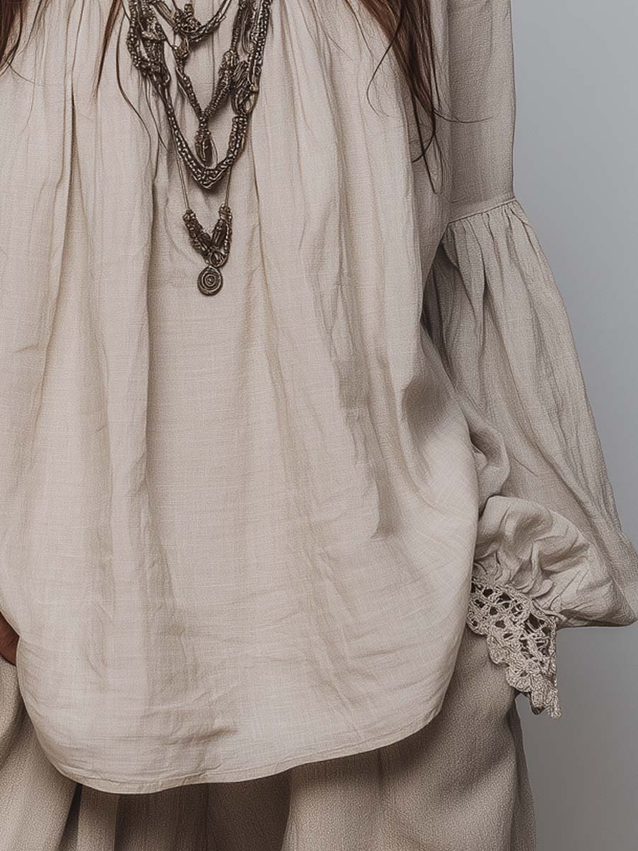Lace-Trim Pleated Cotton Linen Long Sleeve Blouse