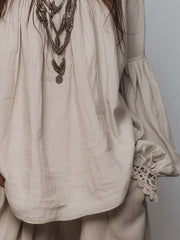 Lace-Trim Pleated Cotton Linen Long Sleeve Blouse