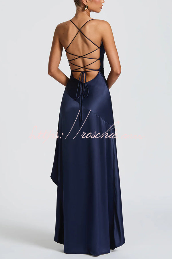 Backless Lace-Up Ruffle Maxi Dress – Spaghetti Strap