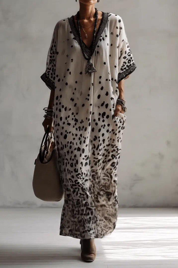 Printed V-Neck Maxi Dress – Loose Fit Vacation Dress
