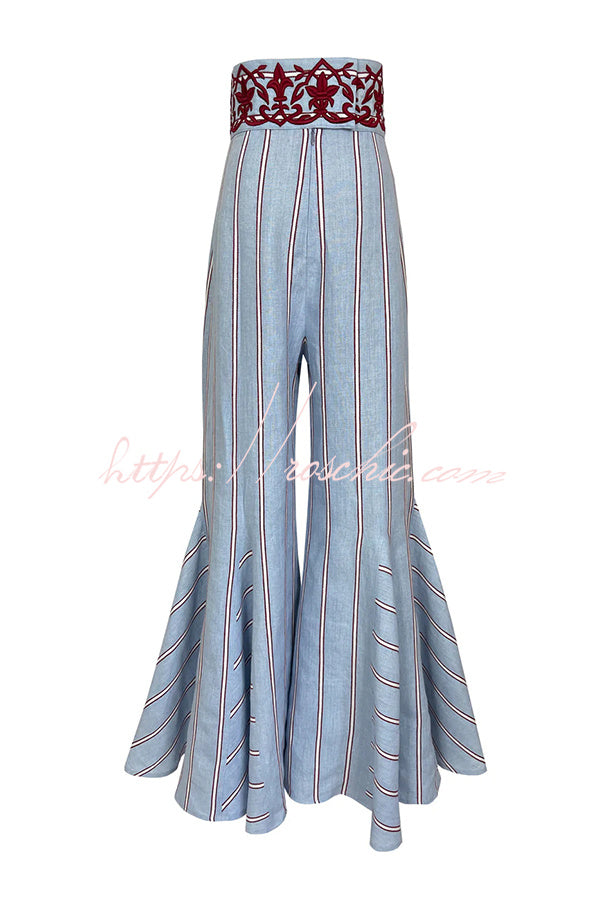 Linen Blend Floral Embroidery Stripe High Rise Flare Pants