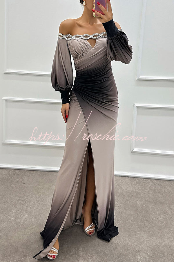 Gradient Print Off-Shoulder Gem Detail Maxi Gown Dress